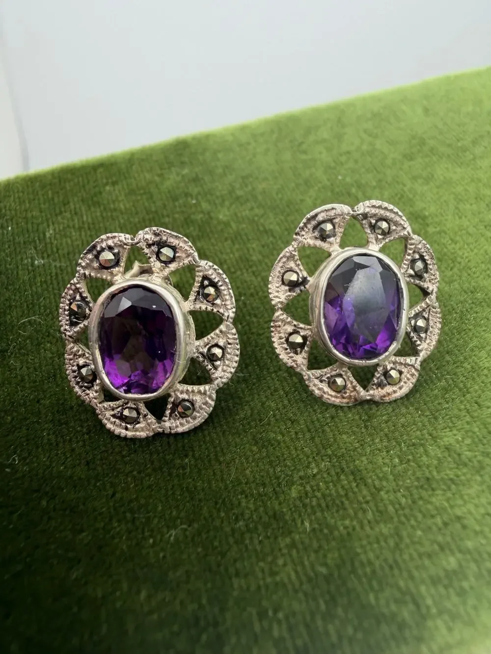 Vintage signed 925 silver luxury Marcasite large earrings with amethyst
